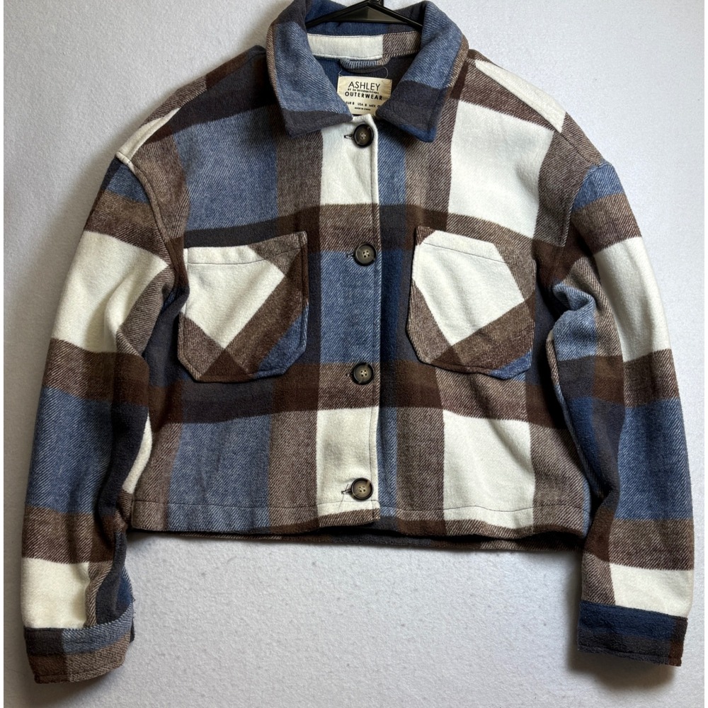 Ashley By 26 International Cropped Plaid Shacket Blue Brown Wool Blend Small - Picture 3 of 9